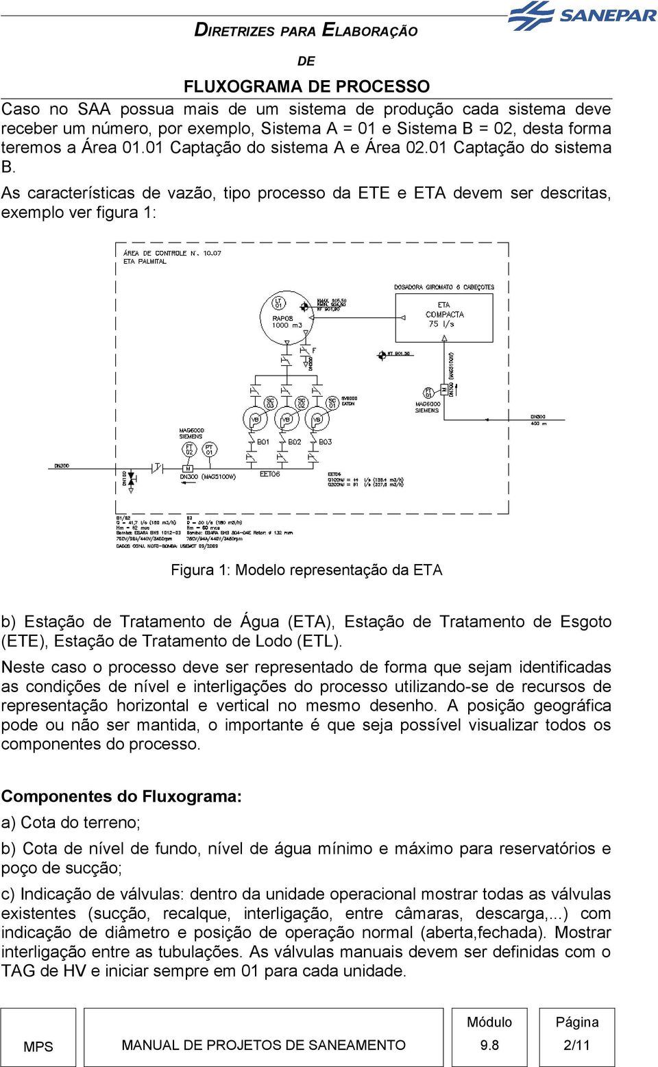 As características de vazão, tipo processo da ETE e ETA devem ser descritas, exemplo ver figura 1: Figura 1: Modelo representação da ETA b) Estação de Tratamento de Água (ETA), Estação de Tratamento