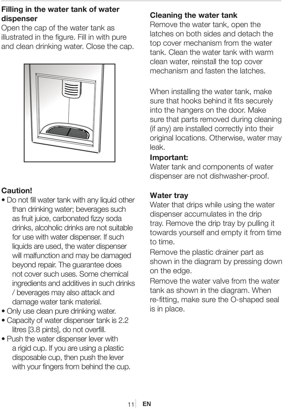 Clean the water tank with warm clean water, reinstall the top cover mechanism and fasten the latches.