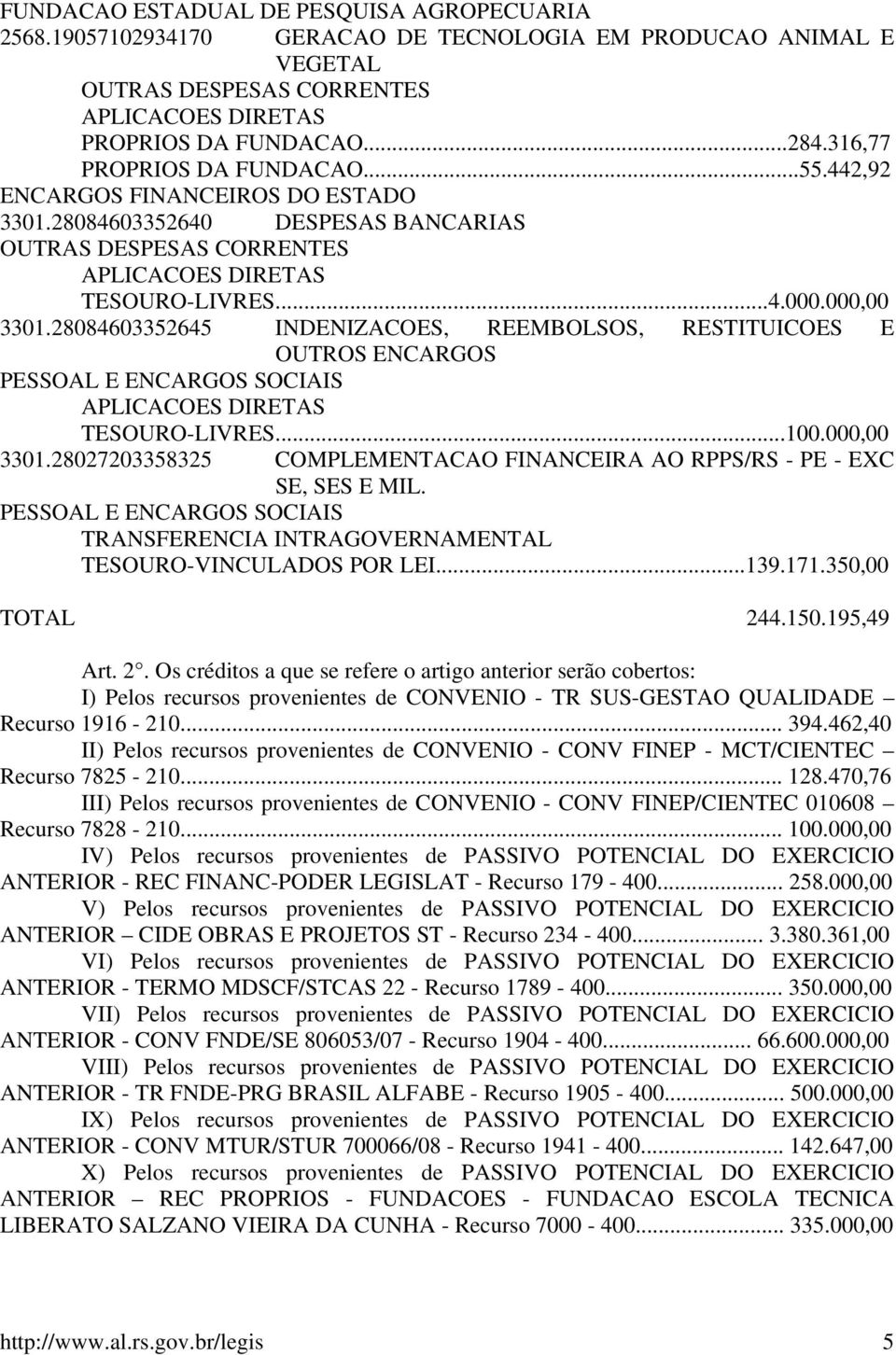 ..100.000,00 3301.28027203358325 COMPLEMENTACAO FINANCEIRA AO RPPS/RS - PE - EXC SE, SES E MIL. TRANSFERENCIA INTRAGOVERNAMENTAL TESOURO-VINCULADOS POR LEI...139.171.350,00 TOTAL 244.150.195,49 Art.