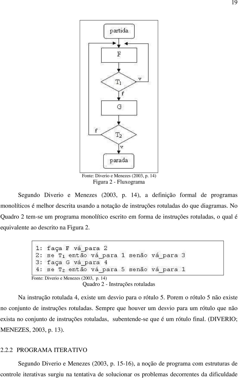No Quadro 2 tem-se um programa monolítico escrito em forma de instruções rotuladas, o qual é equivalente ao descrito na Figura 2. Fonte: Diverio e Menezes (2003, p.