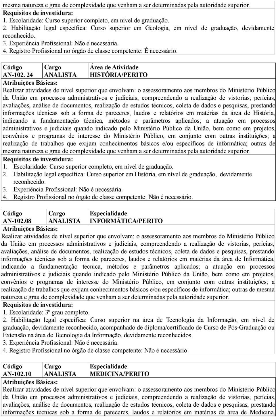 aplicados; a atuação em processos 2. Habilitação legal específica: Curso superior em História, em nível de graduação, devidamente Especialidade AN-102.