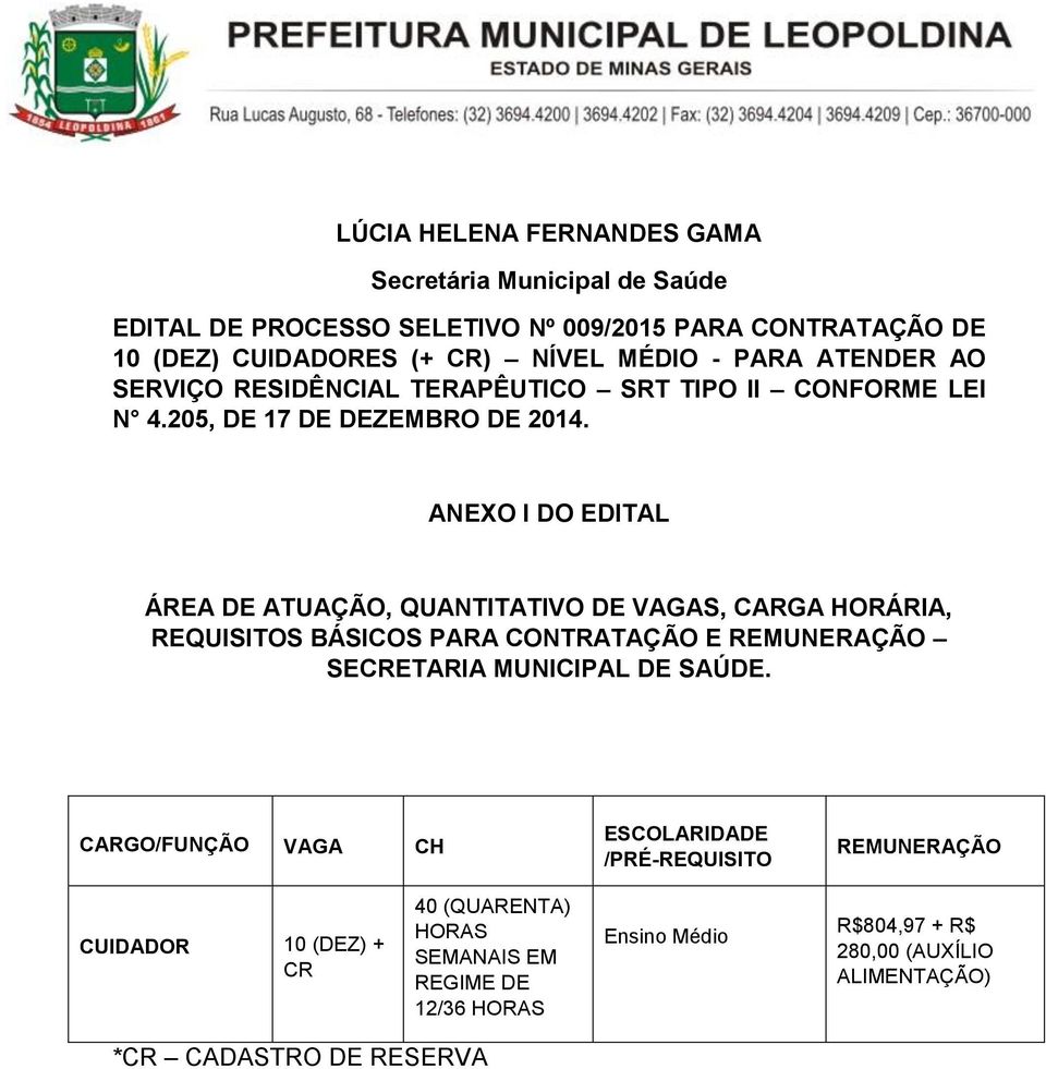 ANEXO I DO EDITAL ÁREA DE ATUAÇÃO, QUANTITATIVO DE VAGAS, CARGA HORÁRIA, REQUISITOS BÁSICOS PARA CONTRATAÇÃO E REMUNERAÇÃO SECRETARIA MUNICIPAL DE SAÚDE.