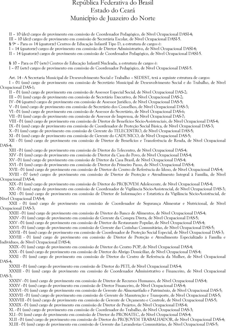 (quatorze) cargos de provimento em comissão de Coordenador Pedagógico, de Nível Ocupacional DASI-5.