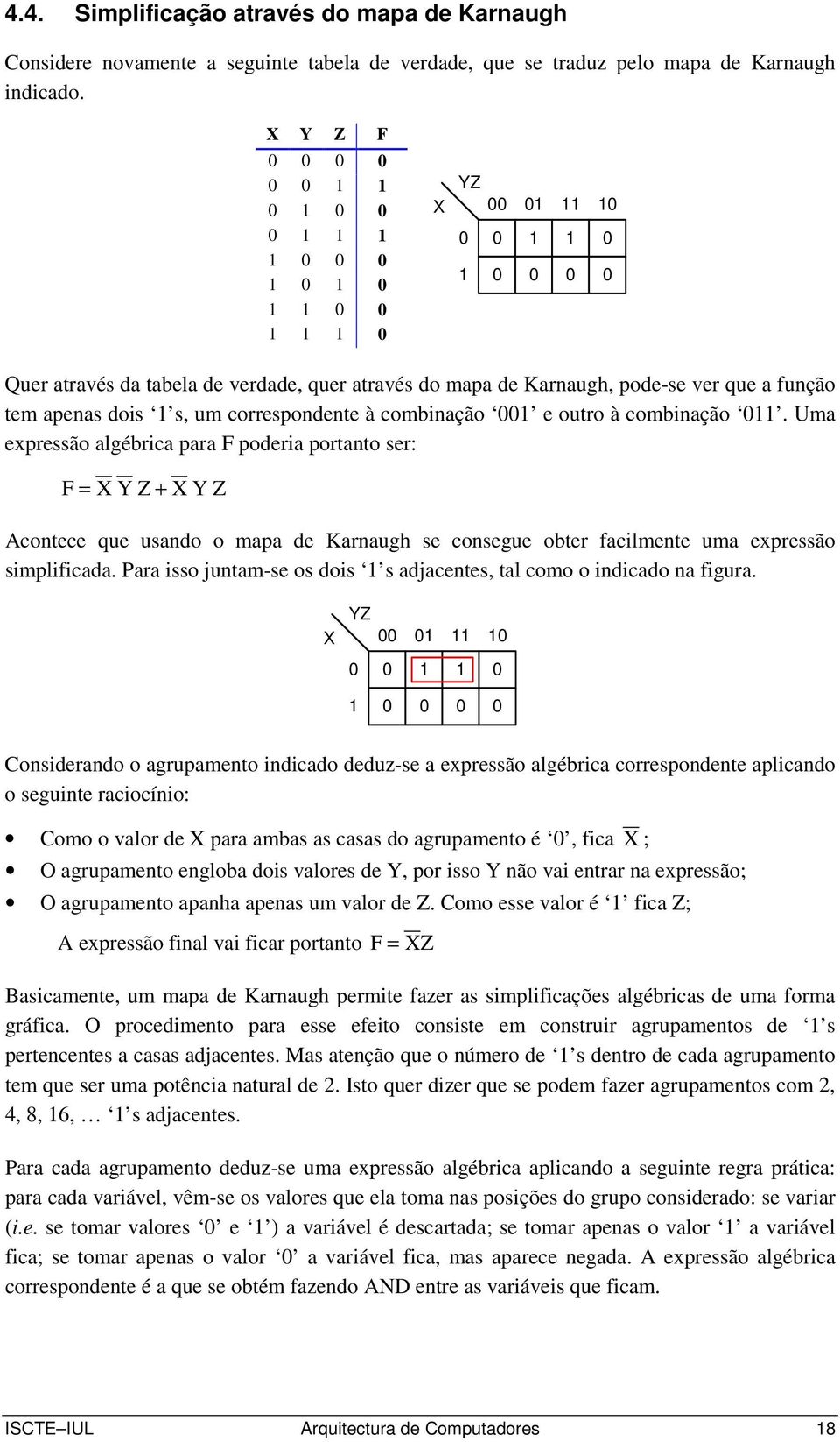 combinação 00 e outro à combinação 0. Uma expressão algébrica para poderia portanto ser: = + Acontece que usando o mapa de Karnaugh se consegue obter facilmente uma expressão simplificada.