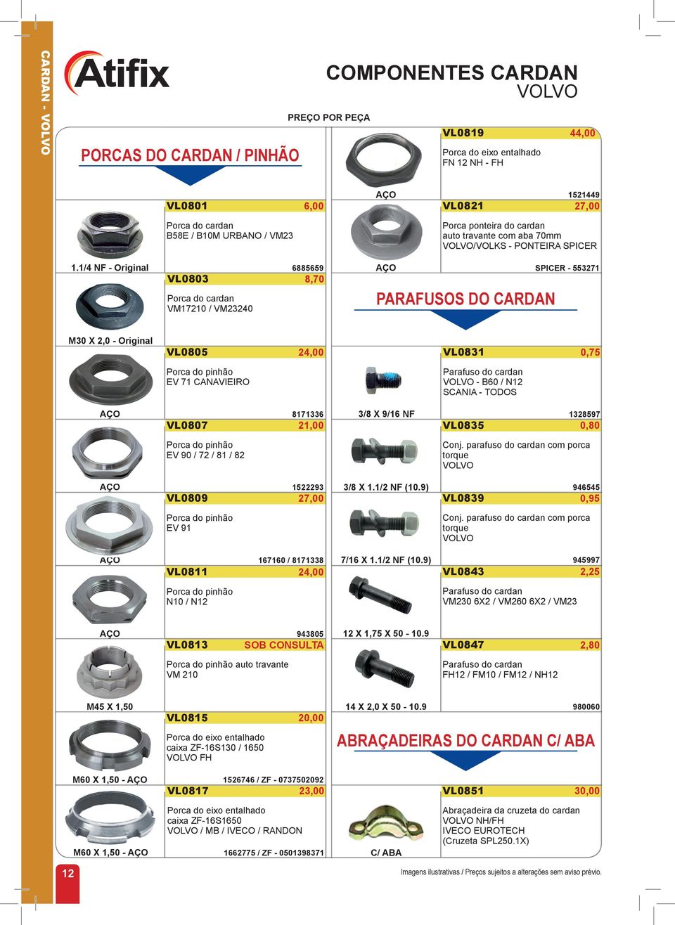 1/4 NF - Original VL0803 Porca do cardan VM17210 / VM23240 6885659 8,70 PARAFUSOS DO CARDAN SPICER - 553271 M30 X 2,0 - Original VL0805 24,00 VL0831 0,75 Porca do pinhão EV 71 CANAVIEIRO Parafuso do