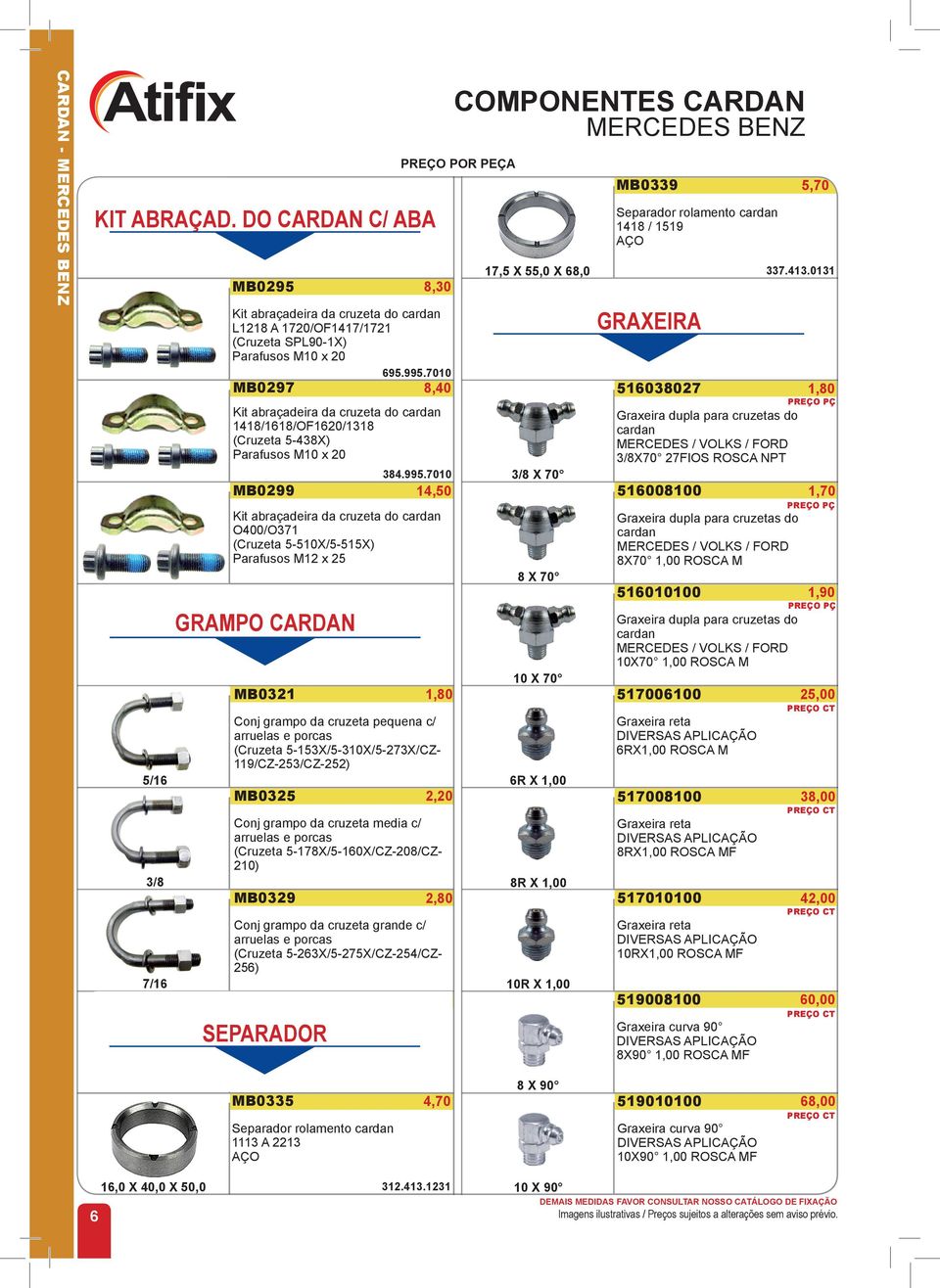 7010 14,50 Kit abraçadeira da cruzeta do cardan O400/O371 (Cruzeta 5-510X/5-515X) Parafusos M12 x 25 GRAMPO CARDAN MB0321 Conj grampo da cruzeta pequena c/ arruelas e porcas (Cruzeta