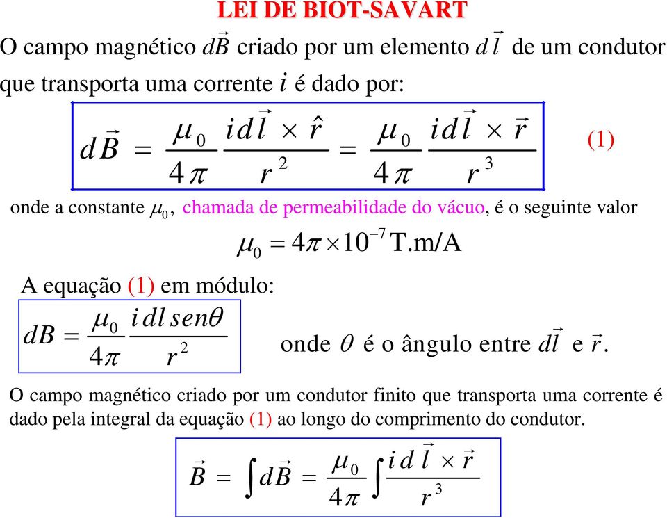 equação (1) em módulo: d idlsenθ 1 T.m/A onde θ é o ângulo ente dl e.