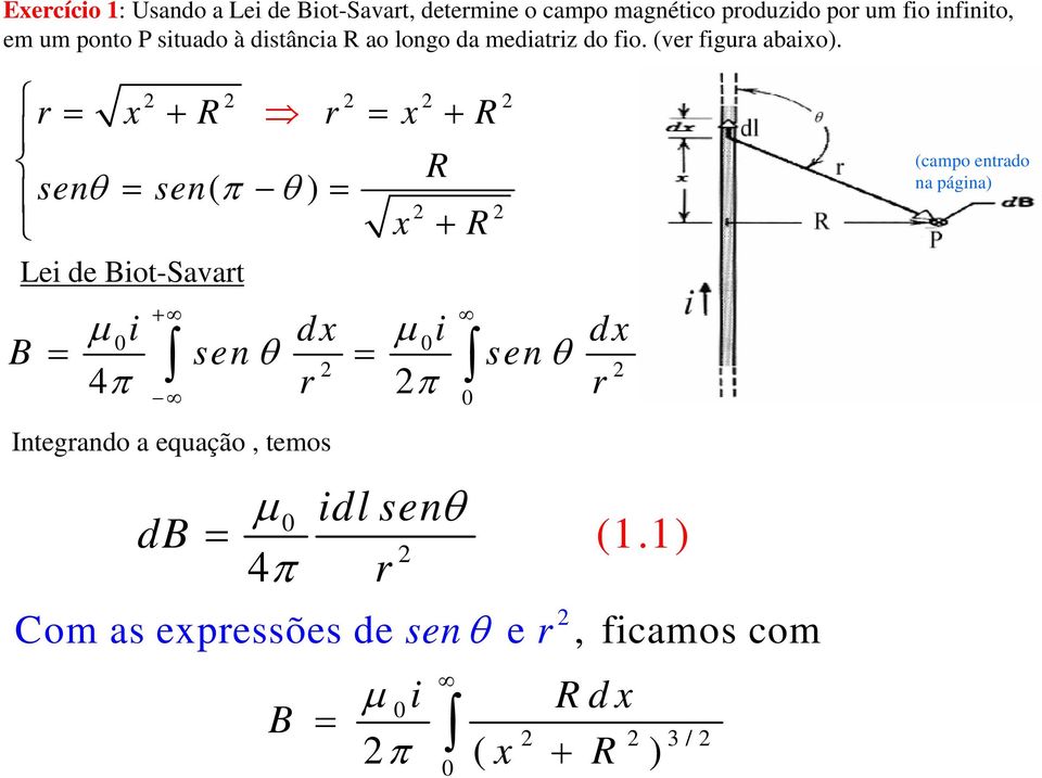 x + x + senθ sen( π θ) x + Lei de iot-savat Integando a equação, temos d i i sen sen + dx θ θ