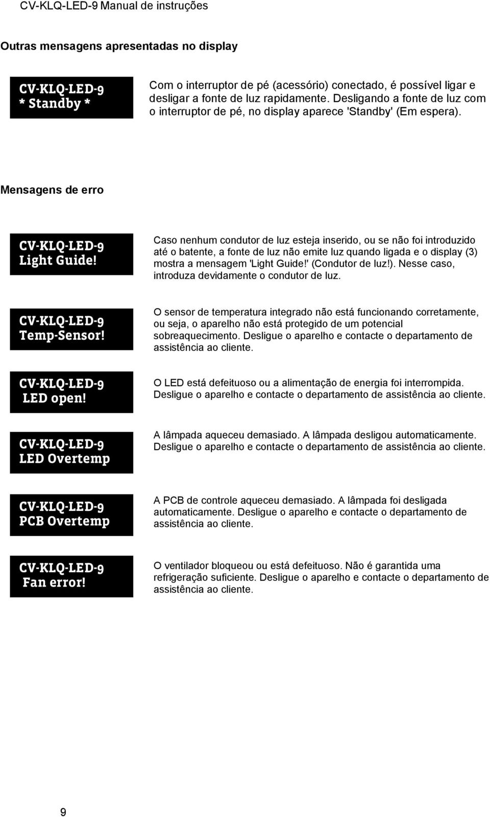 Caso nenhum condutor de luz esteja inserido, ou se não foi introduzido até o batente, a fonte de luz não emite luz quando ligada e o display (3) mostra a mensagem 'Light Guide!' (Condutor de luz!). Nesse caso, introduza devidamente o condutor de luz.