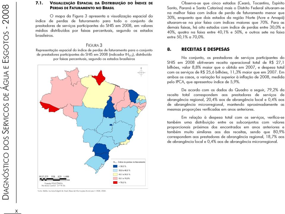 de serviços participantes do SNIS em 28, em valores médios distribuídos por faixas percentuais, segundo os estados brasileiros.