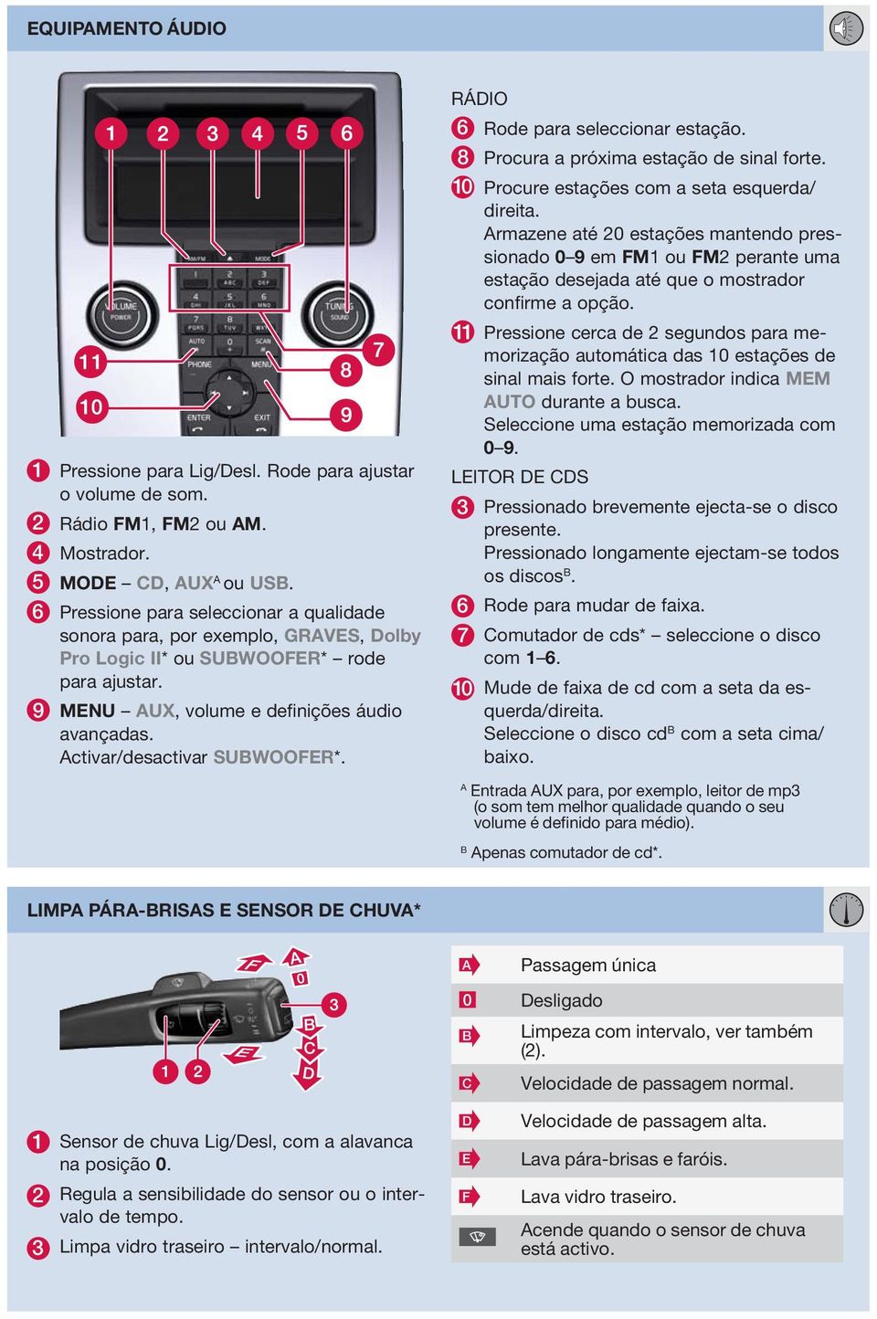 ctivar/desactivar SUBWOOFER*. RÁDIO 6 Rode para seleccionar estação. 8 Procura a próxima estação de sinal forte. 10 Procure estações com a seta esquerda/ direita.