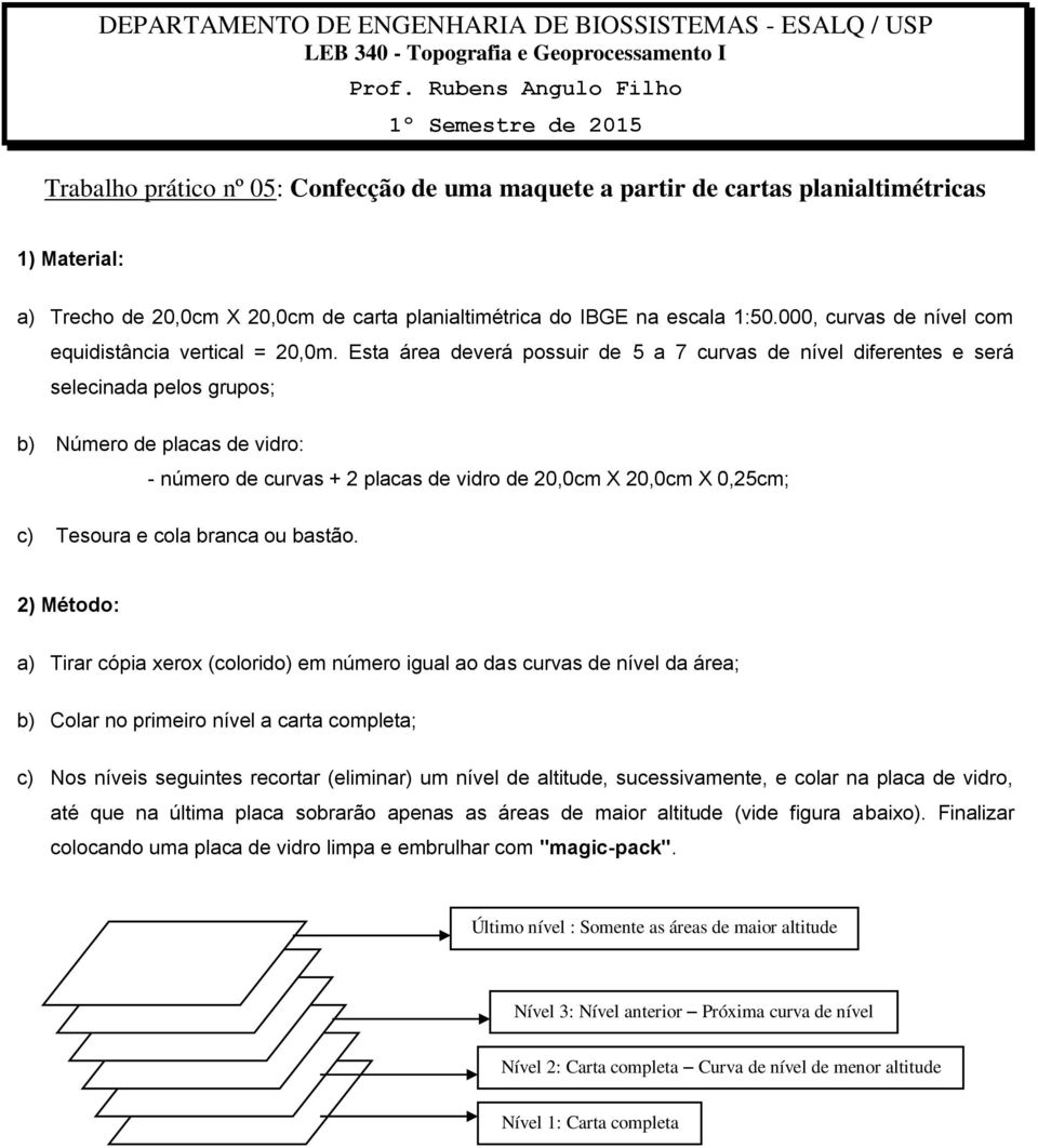 Esta área deverá possuir de 5 a 7 curvas de nível diferentes e será selecinada pelos grupos; b) Número de placas de vidro: - número de curvas + 2 placas de vidro de 20,0cm X 20,0cm X 0,25cm; c)