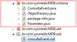 31 Figura 19 Exemplo Gerar JAXB através Documento XSD Figura 20 Exemplo Schema criado através Documento XSD BD QUEUE: é uma configuração do ambiente WebLogic 11g Server e banco de dados Oracle