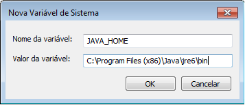 Crie 3 novas variáveis para o java com as informações abaixo: Nome da variavel: JAVA_HOME Valor da variavel: C:\Program Files (x86)\java\jre6\bin Nome da variavel: PATH Valor da variavel:.