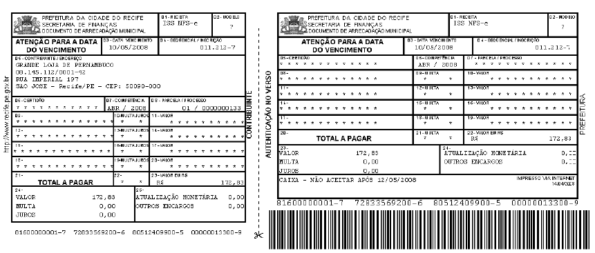 Página 94 de 134 Código de barras A guia emitida pelo sistema da NFS-e deve ser paga mediante a captura ou digitação do código de barras. Atenção!