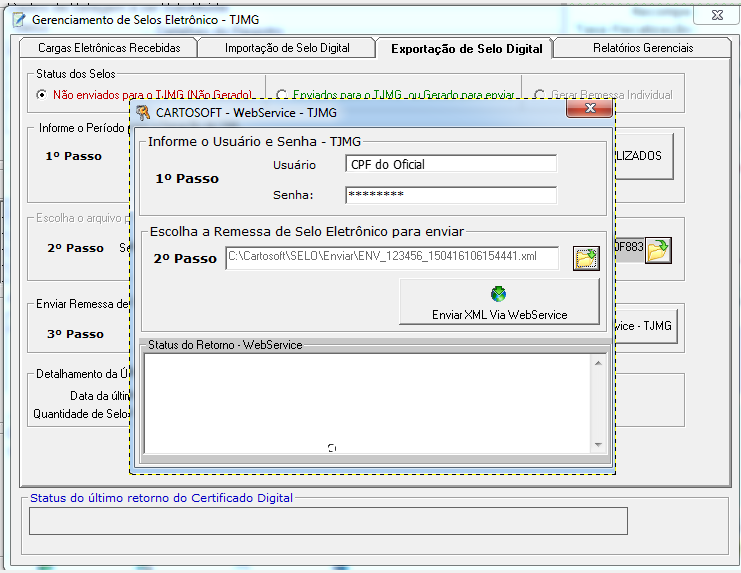 8. Efetue o envio no 3º Passo. Figura 27 Enviando o arquivo pelo WebService-TJMG 9.