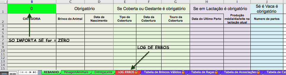 2- Preencher a planilha com dados do Rebanho Abra a planilha EXCEL IMPORTA 4milk.xlsx baixada do site. Somente as abas em VERDE deverão ser preenchidas.