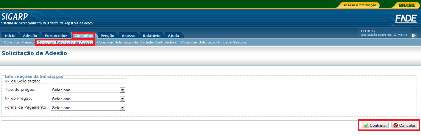 2. Solicitação 2.2. Consultar solicitação SIGARPWEB CONSULTAR SOLICITAÇÃO Quando selecionada as opções Consultas >> Consultar Solicitação de Adesão o sistema apresenta a Tela: Consultar Solicitação