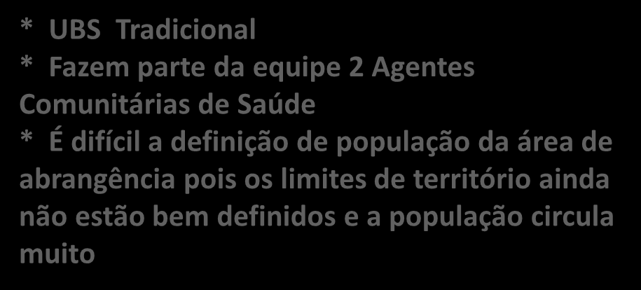 UBS Planalto Rio Branco * UBS Tradicional * Fazem parte da equipe 2 Agentes Comunitárias de Saúde * É difícil a definição de população da área de abrangência pois os