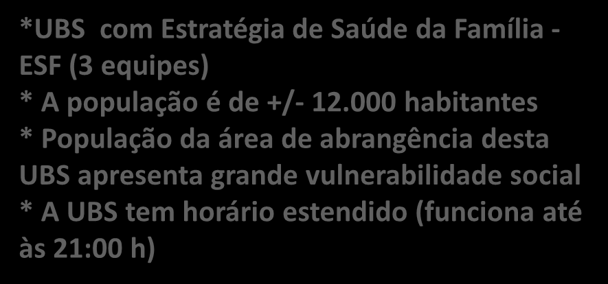 UBS Vila Ipê *UBS com Estratégia de Saúde da Família - ESF (3 equipes) * A população é de +/- 12.