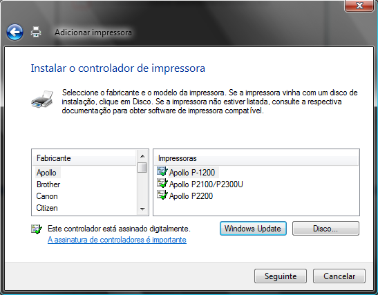 8.º Passo: Deve pressionar o botão Disco e seguidamente o botão Procurar, para abrir a pasta descompactada anteriormente, com o nome Canon_IR1024_32bit (ou Canon_IR1024_64bit). O 