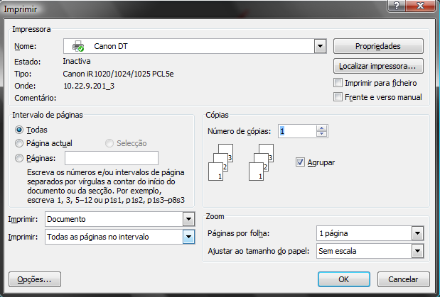 4.º Passo: Após alterar (ou não) as Propriedades de impressão, deverá configurar o Intervalo de