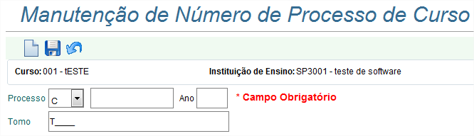 resultado da tela anterior; Código do Curso: Informe o código do Curso, escolhido no resultado da tela anterior; Nome do Curso: Informa o nome do curso, escolhido no resultado da tela anterior; A