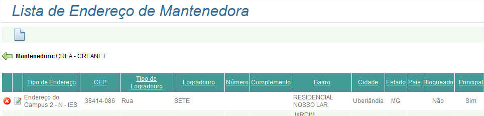 Endereço Mantenedora OBJETIVO O objetivo desta tela é efetuar a pesquisa de informações referentes a endereço de mantenedora.