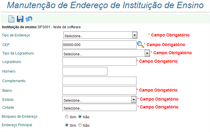 Manutenção de Endereço Instituição Ensino O objetivo desta tela é efetuar a pesquisa de informações referentes a endereço de instituições de ensino cadastradas no CREA-SP.