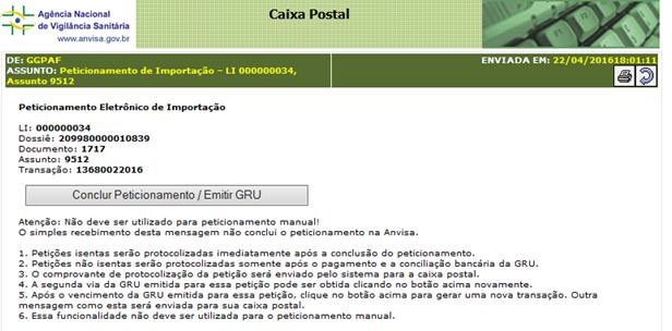 A tela a seguir, da Caixa Postal, apresentará as mensagens para geração de