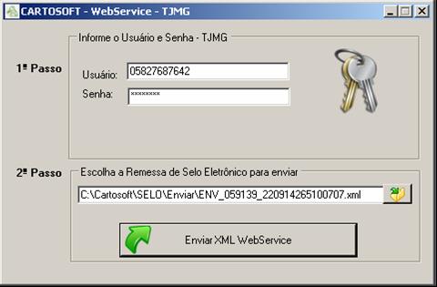 Figura 25 Tela para seleção do arquivo de envio do sistema Cartosoft Clique em Enviar XML WebService Figura 26 Tela de autenticação para o envio de selos utilizados do sistema Cartosoft O TJMG