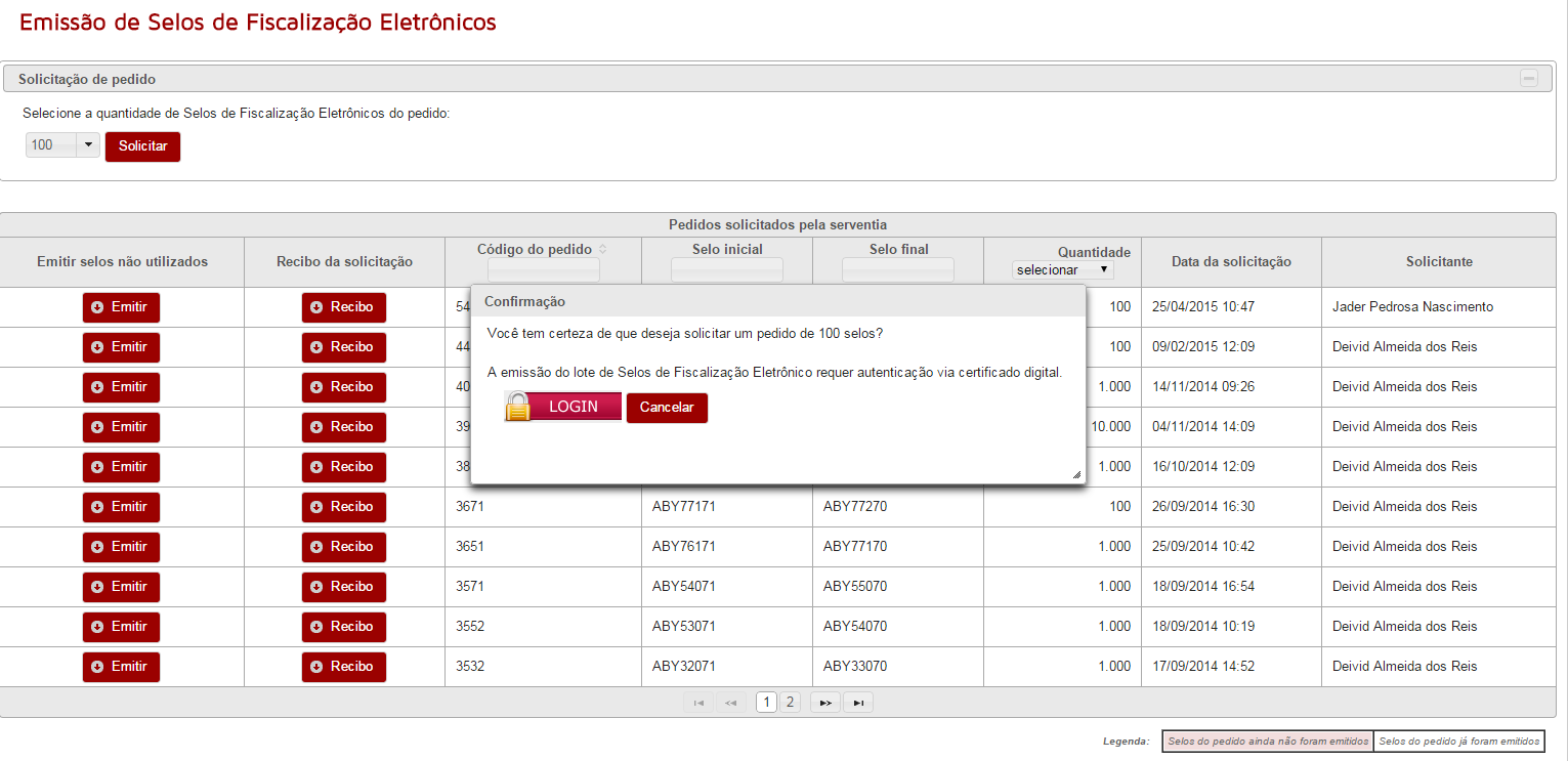 Figura 5 Emissão de Selos de Fiscalização Eletrônicos login com certificação digital Para concluir a emissão basta clicar sobre o botão Emitir como mostra a figura 5 acima.