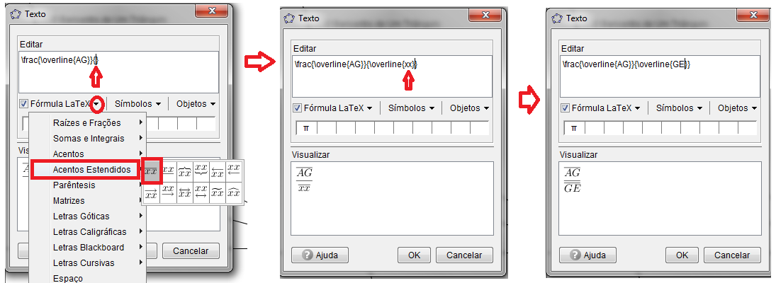 No campo Editar, apague a letra a e para ocupar esta posição, vá nas opções da Fórmula LateX, selecione Acentos Estendidos, clique no primeiro quadro e escreva AG no lugar de