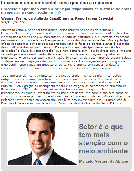 Canal Energia 20/02/2015 Licenciamento ambiental: uma questão a repensar