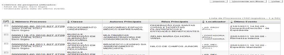 Movimentação Processual em Bloco Será mostrado a lista dos processos resultantes da consulta, com os critérios utilizados.