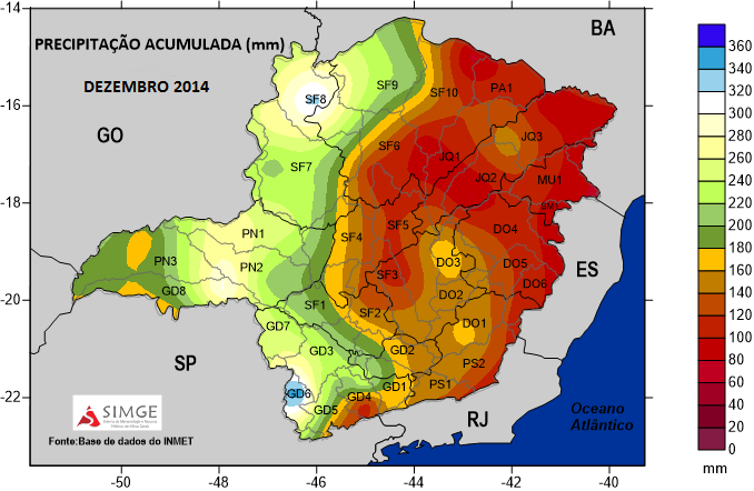 8 a Figura 3 - Análise da precipitação mensal (novembro/14) para o estado de Minas Gerais. a) precipitação mensal acumulada nas estações convencionais do INMET.