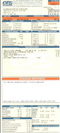 Consumidor: Reginaldo Medeiros Concessionária: CEB Consumo em agosto/15: 158 kwh Contribuição de iluminação