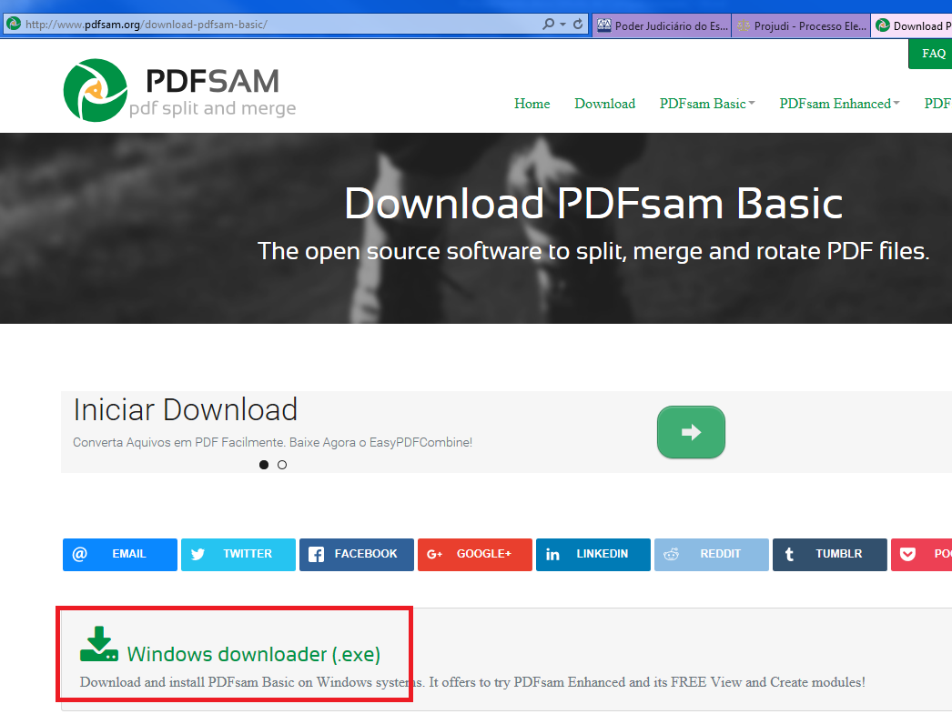 PDFsam Split and Merge Clique em PDFsam Basic para instalar. Figura 28 Download PDFsam. Clique em Windows Downloader (.exe) e execute para instalar.