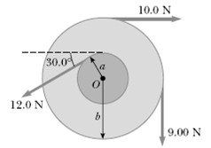 Exercício 08 - Determine o torque resultante na roda (Figura abaixo) sobre um eixo que passa pelo ponto O e é perpendicular ao plano da roda. Considere a = 15 cm e b = 30 cm.