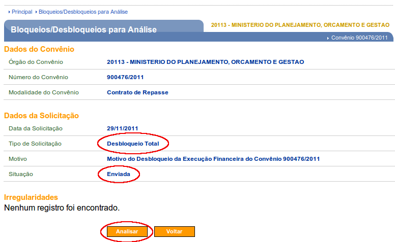 Figura 140 Ao clicar no botão Analisar, o usuário deverá selecionar o resultado da análise do esclarecimento, podendo ser aceita ou rejeitada.