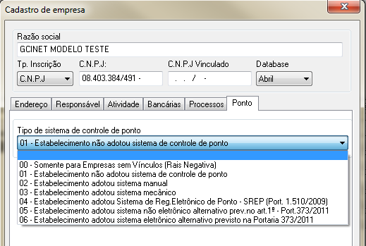 2.1 Cadastro de empresa Sistema de controle de ponto eletrônico Com o objetivo de adequar-se ao leiaute da RAIS 2015, foi incluído no cadastro de empresa um campo para informar o Sistema de ponto