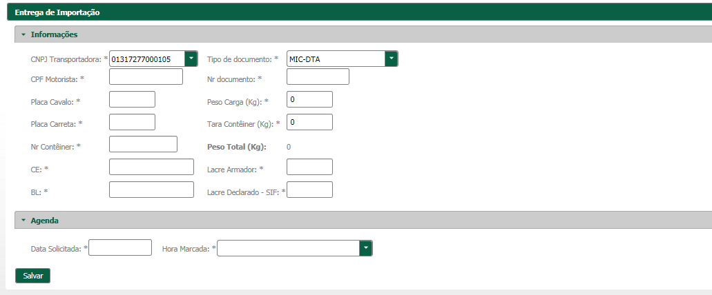 Entrega de Importação Nos casos de entrega de Importação, o tipo de documento deve ser selecionado