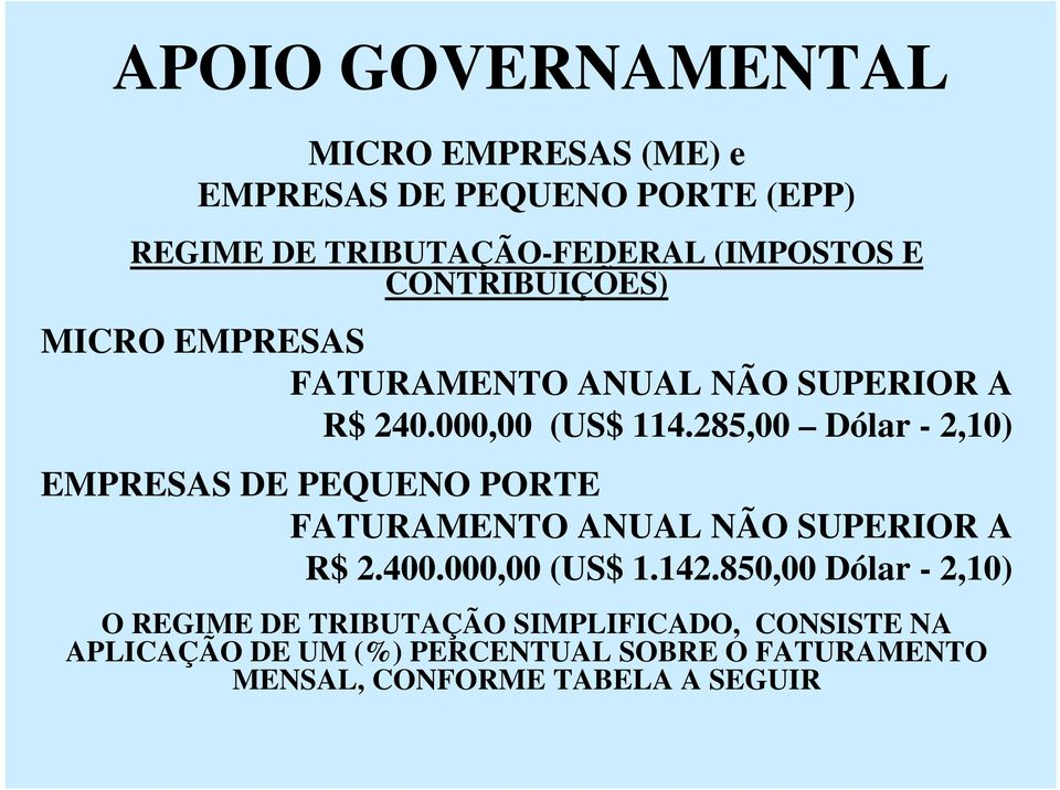 285,00 Dólar - 2,10) EMPRESAS DE PEQUENO PORTE FATURAMENTO ANUAL NÃO SUPERIOR A R$ 2.400.000,00 (US$ 1.142.