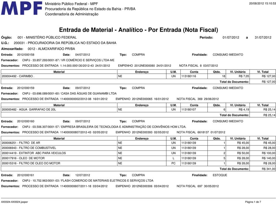 NE UN 113180116 18 R$ 7,05 R$ 127,00 Total do Documento: R$ 127,00 Entrada: 2012/000159 Data: 09/07/2012 CNPJ - 03.696.