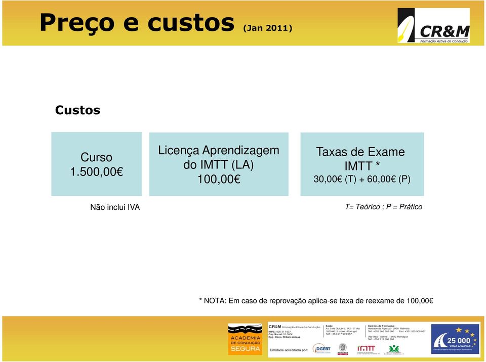 Exame IMTT * 100,00 30,00 (T) + 60,00 (P) Não inclui IVA T=