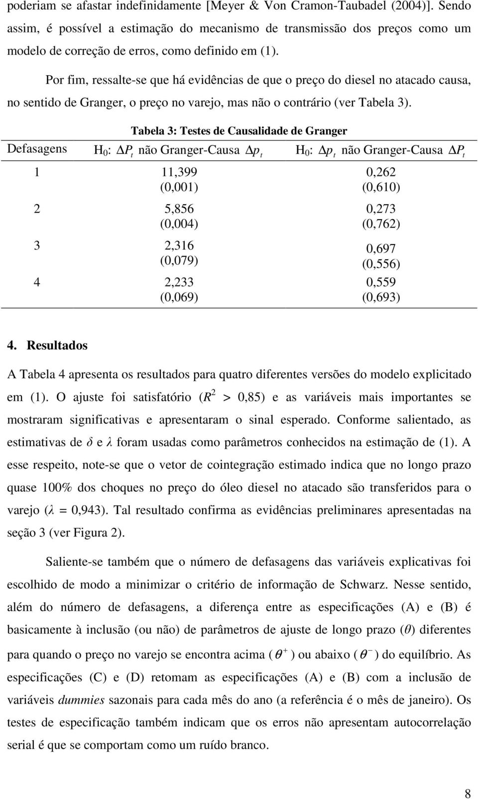 Tabela 3: Teses de Causalidade de Granger Defasagens H : P não GrangerCausa p H : p não GrangerCausa P,399 (,) 2 5,856 (,4) 3 2,36 (,79) 4 2,233 (,69),262 (,6),273 (,762),697 (,556),559 (,693) 4.