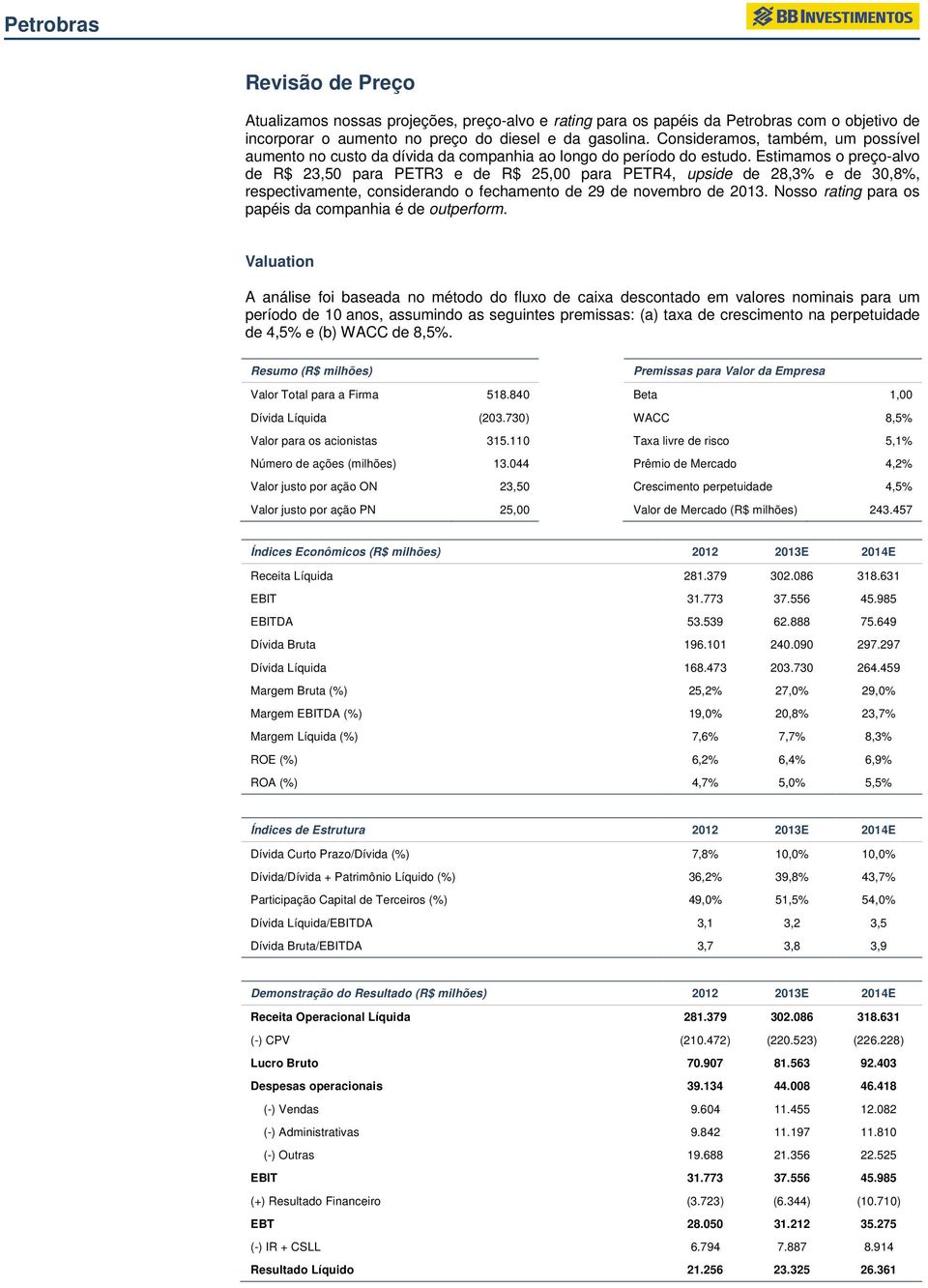 Estimamos o preço-alvo de R$ 23,50 para PETR3 e de R$ 25,00 para PETR4, upside de 28,3% e de 30,8%, respectivamente, considerando o fechamento de 29 de novembro de 2013.