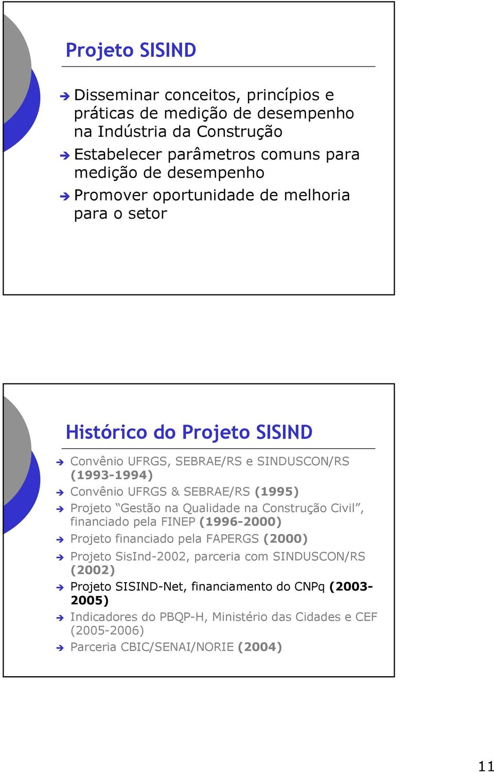 SEBRAE/RS (1995) Projeto Gestão na Qualidade na Construção Civil, financiado pela FINEP (1996-2000) Projeto financiado pela FAPERGS (2000) Projeto SisInd-2002,