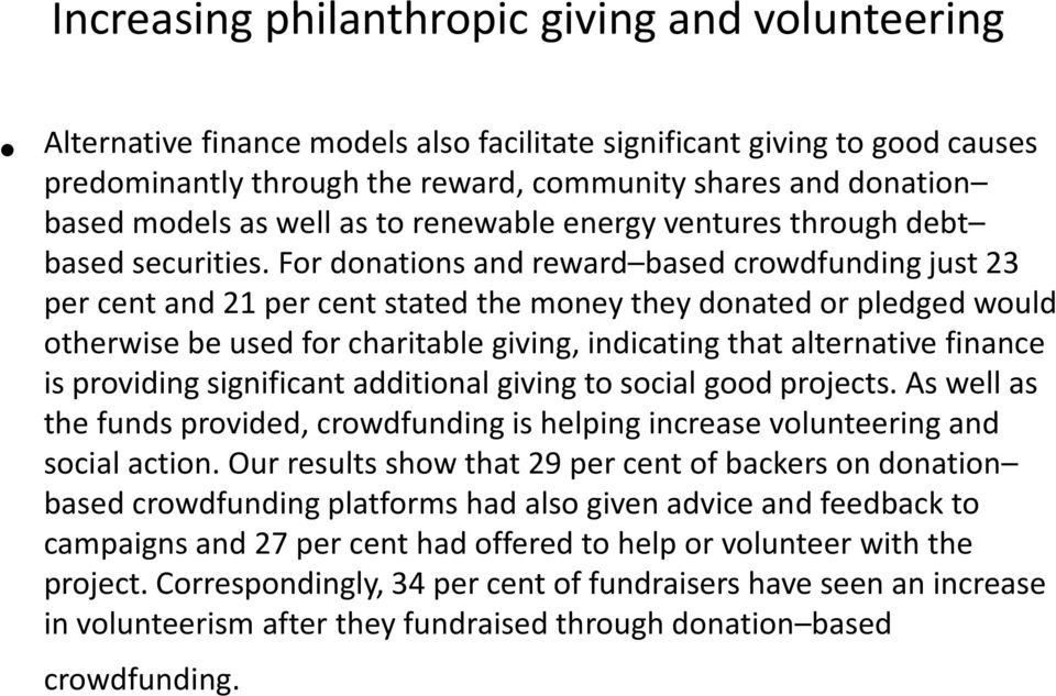 For donations and reward based crowdfunding just 23 per cent and 21 per cent stated the money they donated or pledged would otherwise be used for charitable giving, indicating that alternative