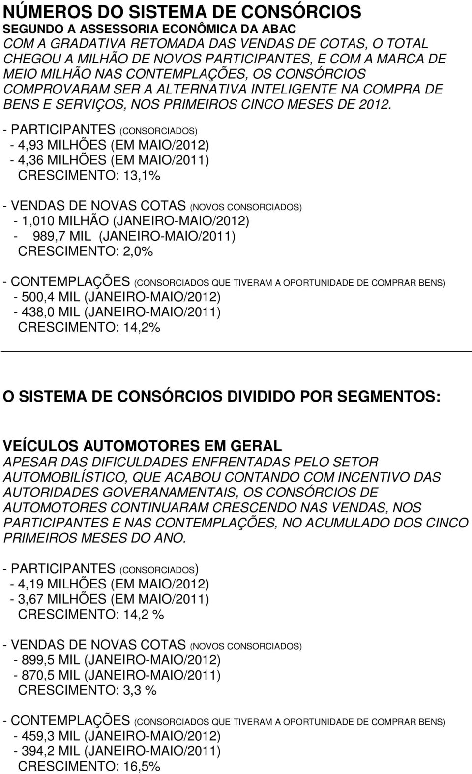 - 4,93 MILHÕES (EM MAIO/2012) - 4,36 MILHÕES (EM MAIO/2011) CRESCIMENTO: 13,1% - 1,010 MILHÃO (JANEIRO-MAIO/2012) - 989,7 MIL (JANEIRO-MAIO/2011) CRESCIMENTO: 2,0% - 500,4 MIL (JANEIRO-MAIO/2012) -